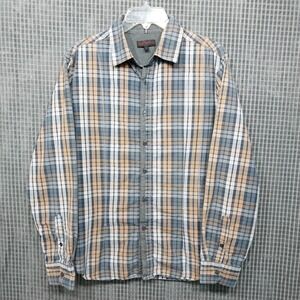 Royal Testimony Mens Button Down Shirt Plaid Long Sleeve L Blue Tan